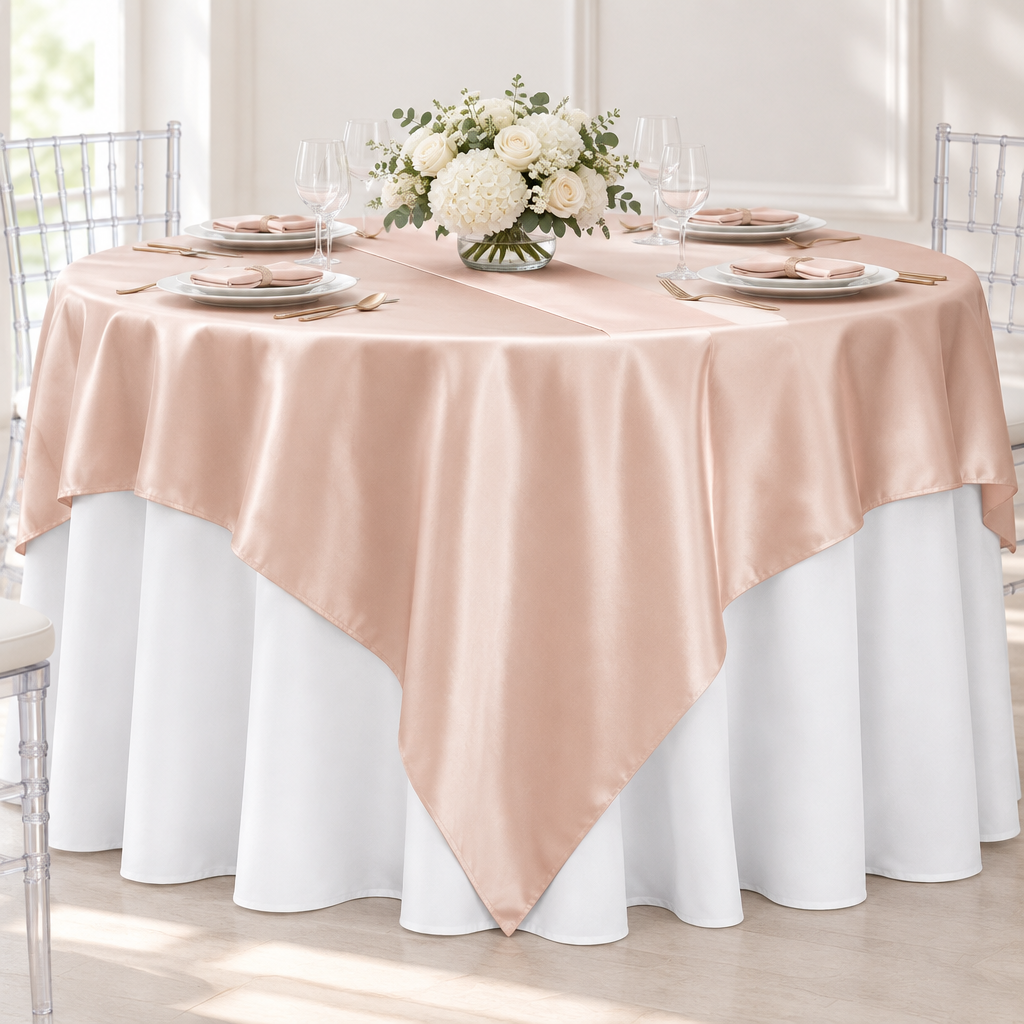 Square 90"x90" Satin Table Overlay - Blush/Rose Gold.