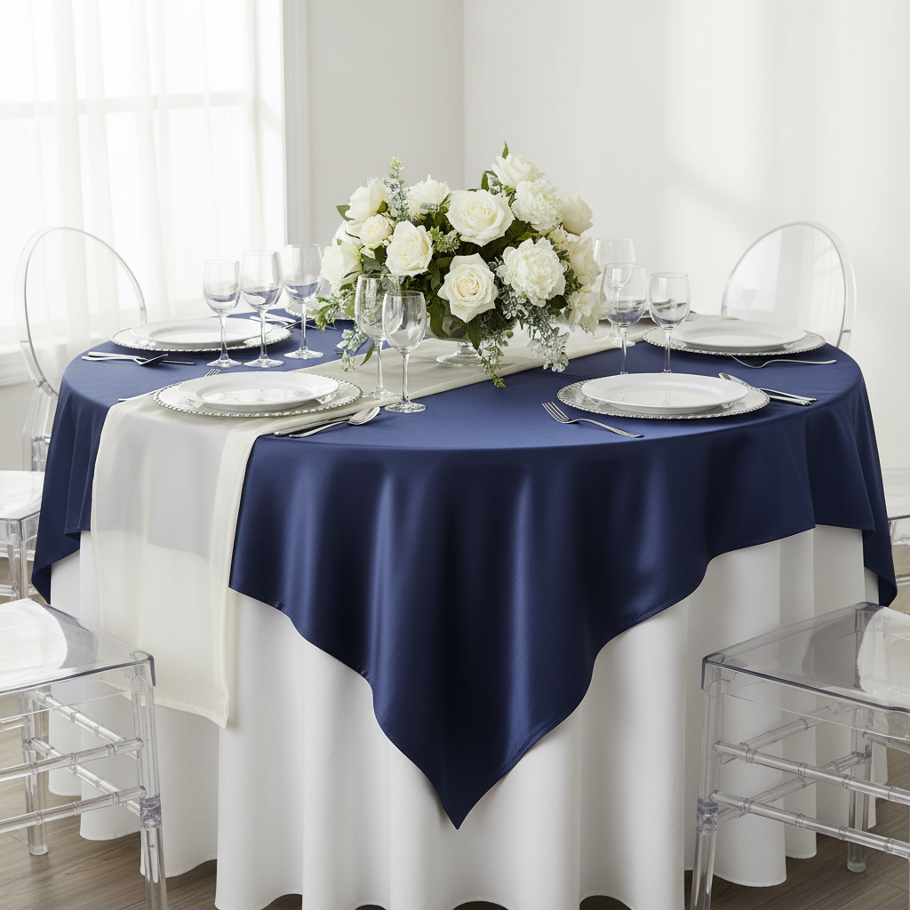 Square 54" Satin Table Overlay - Navy Blue.