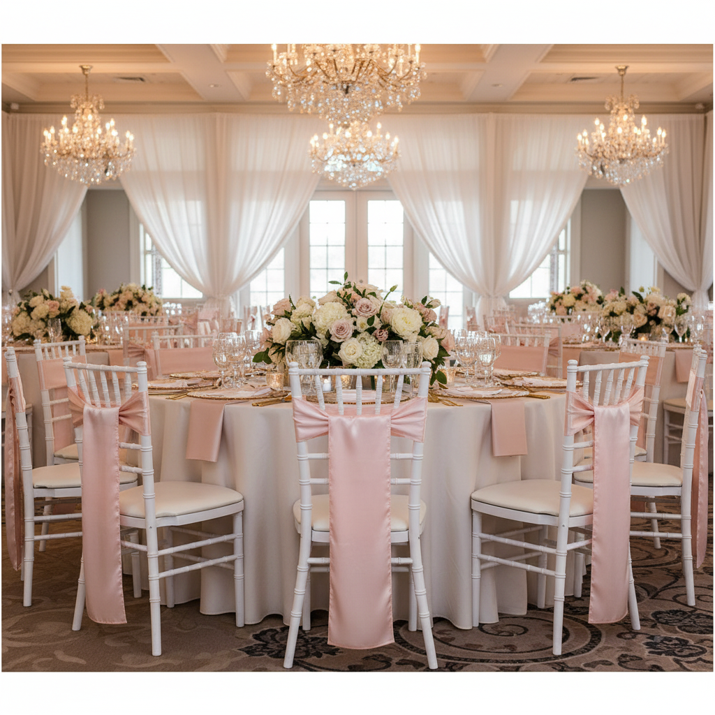 Standard Satin Chair Sash - Blush/Rose Gold with Chiavari White Chairs.