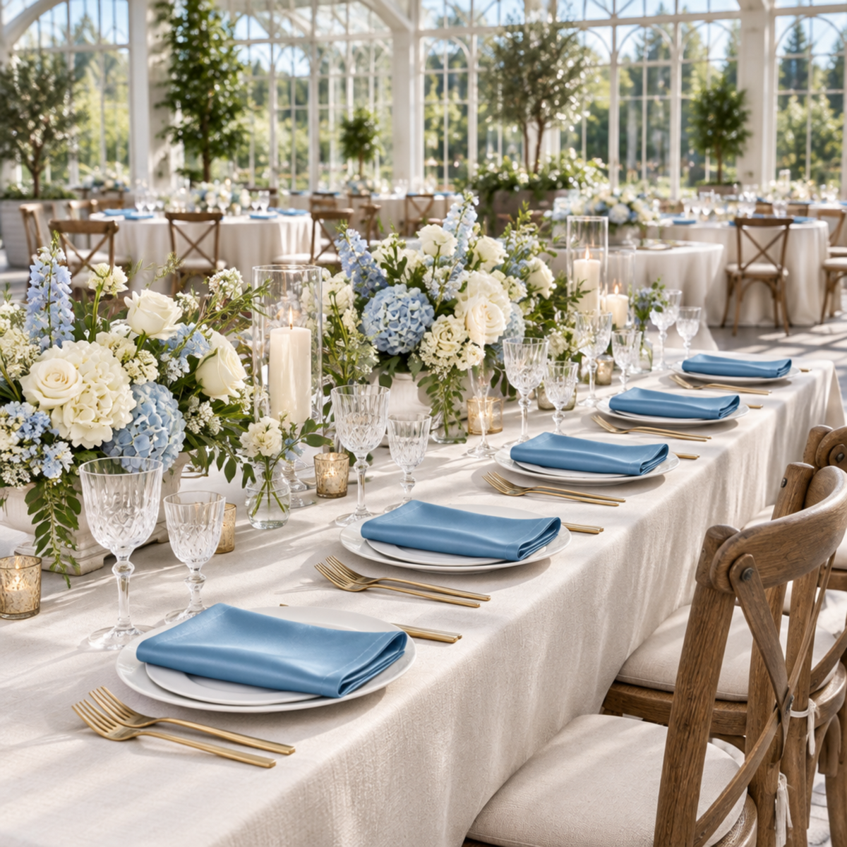 Steele Blue napkins across a conservatory banquet table
