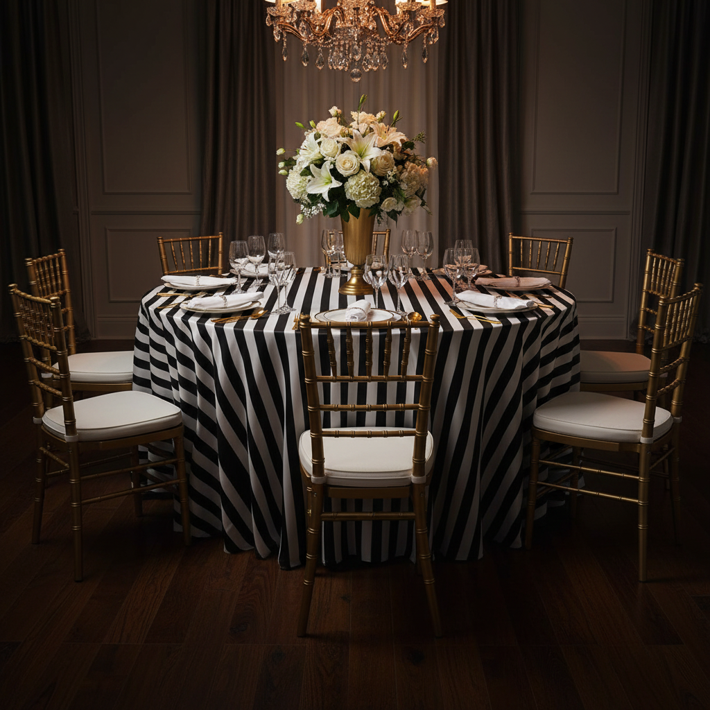 Stripe 120" Satin Round Tablecloth - Black & White in Luxurious Dining Reception with Gold Chiavari Chair.