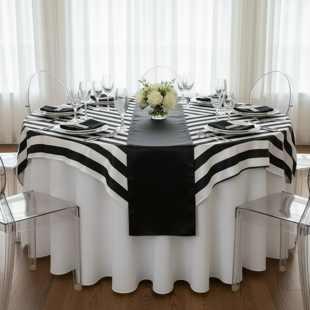 Stripe 72"x72" Square Satin Table Overlay - Black & White.