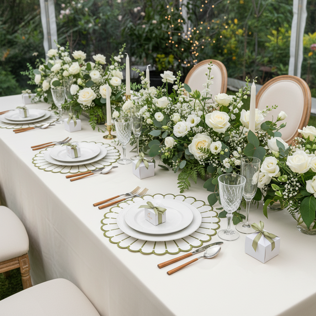 Sunburst White Placemats with Olive Green Trim bridal shower lifestyle mockup