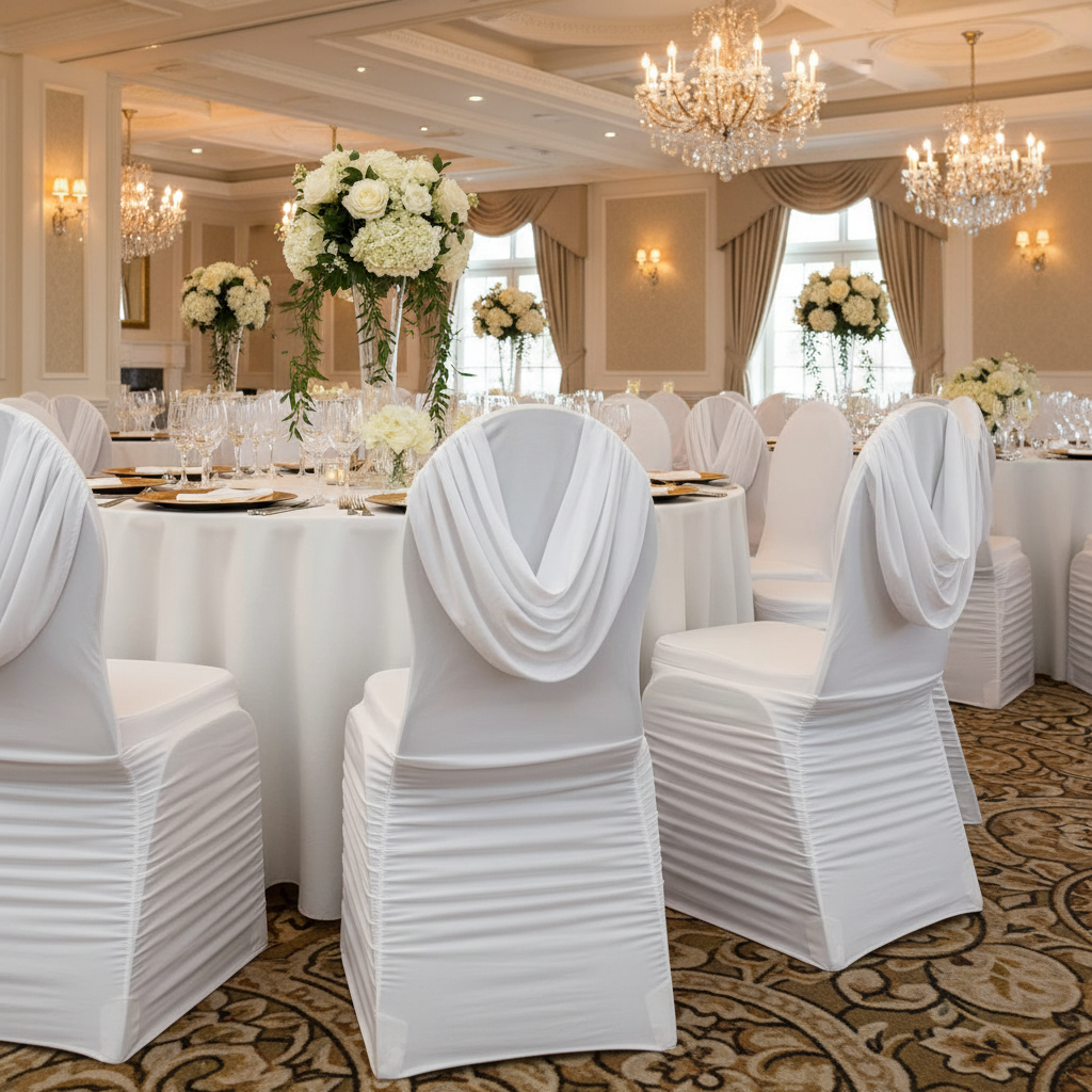 Swag Back Ruched Spandex Banquet Chair Cover - White in a Banquet Chairs.
