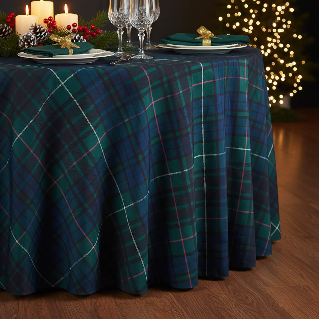 Tartan plaid round tablecloth in green and navy with pink lines drapes to the floor, holiday table setting with candles.