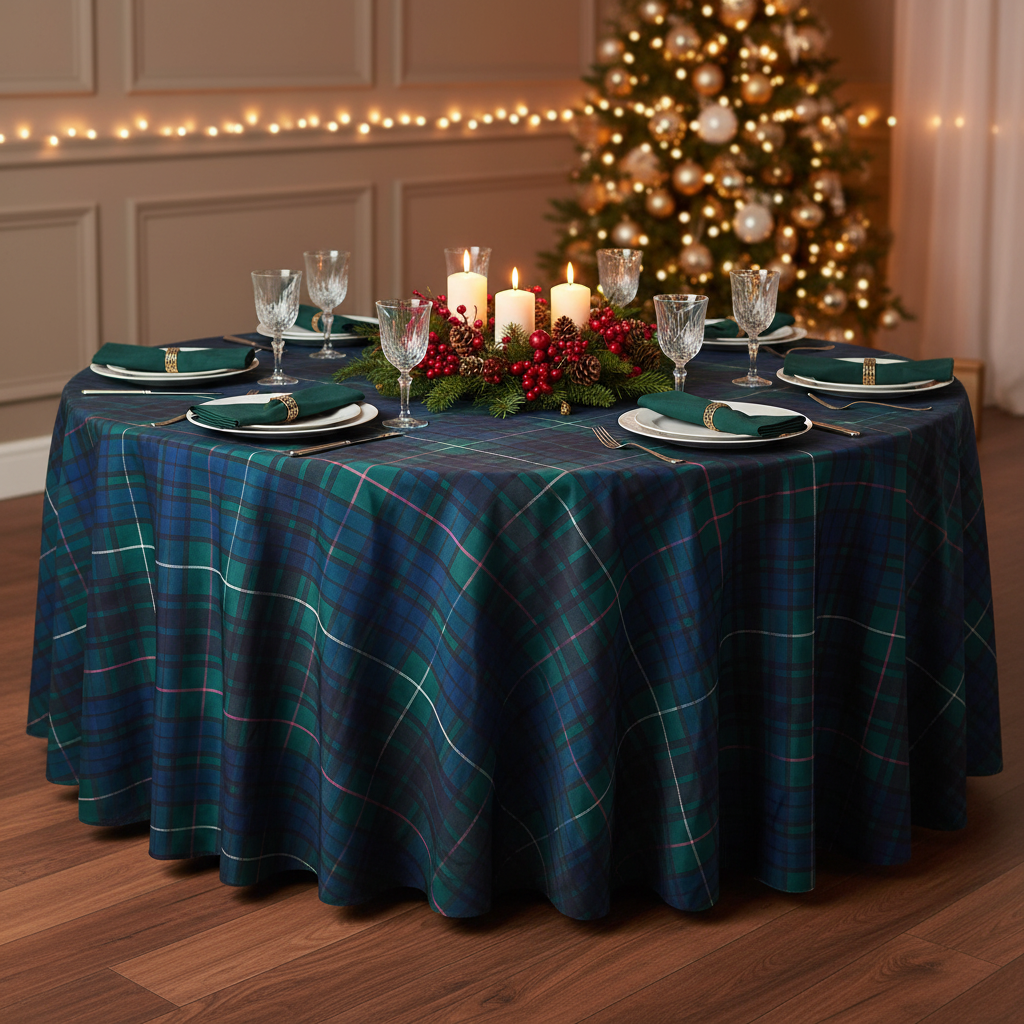 Tartan plaid round tablecloth in emerald and navy with green napkins and gold rings, festive Christmas table setting.