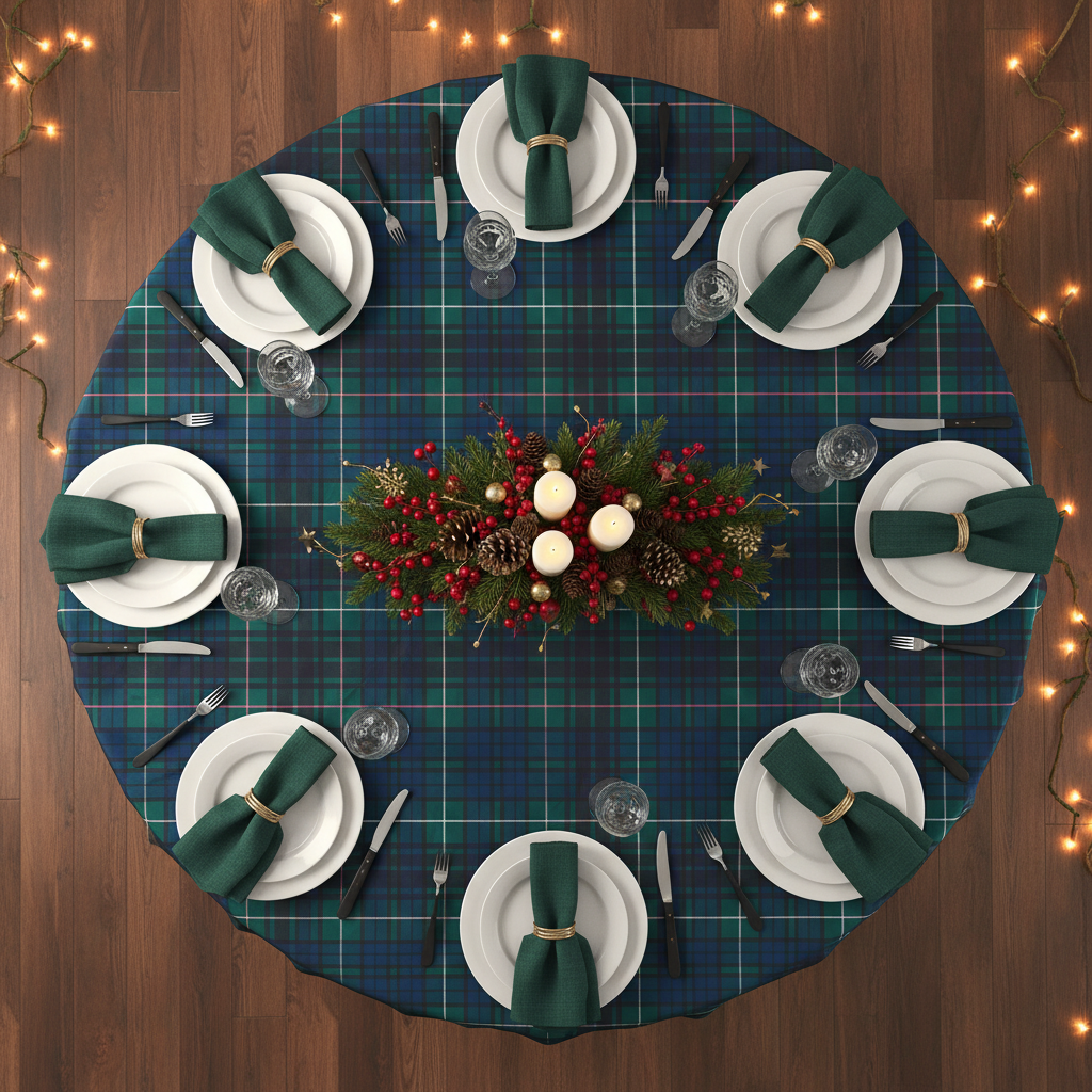 Top-down view of a round tartan plaid tablecloth in blue-green, green napkins, white plates, and a Christmas centerpiece