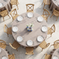 Overhead view of taupe tablecloth at a coastal event