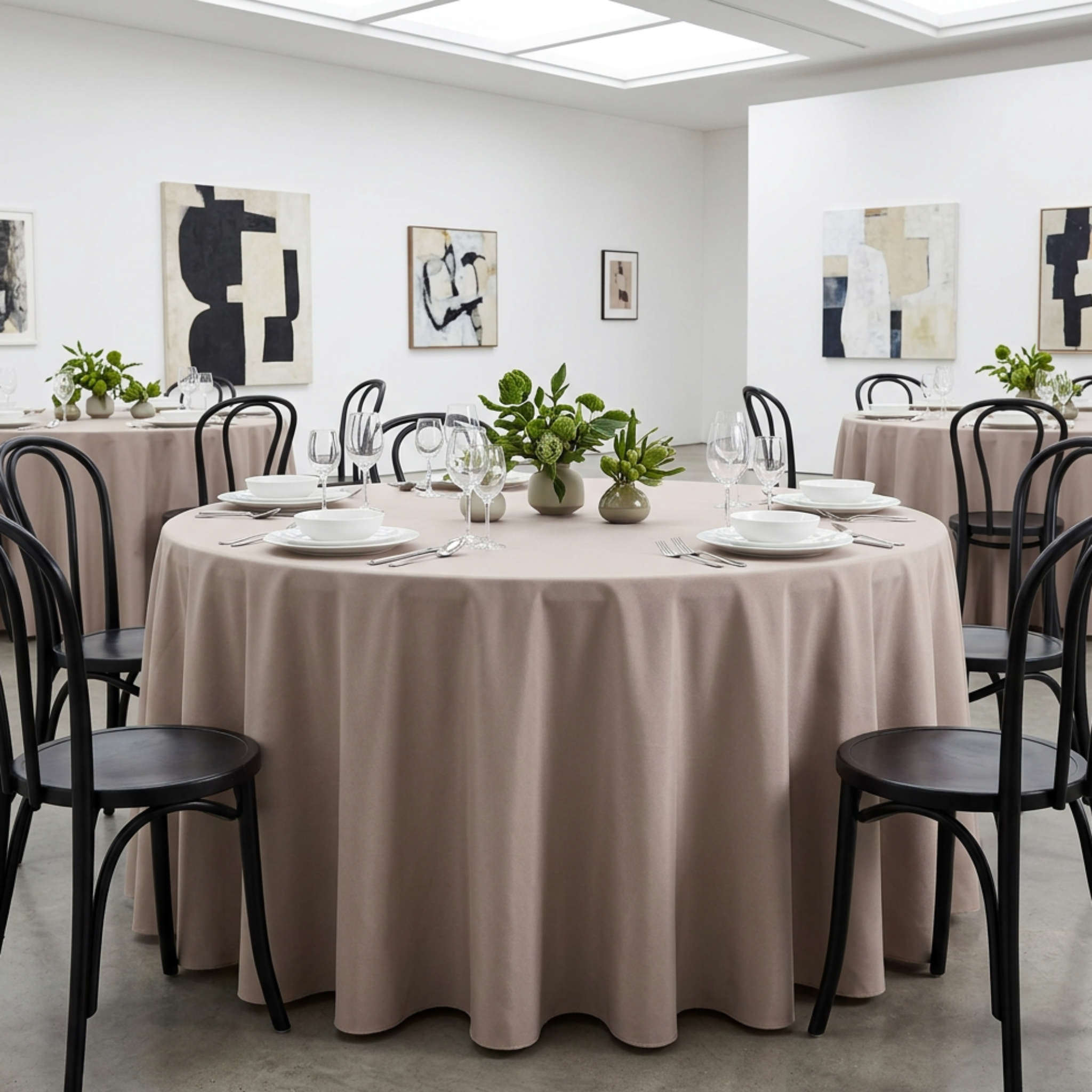 Taupe tablecloth at a contemporary gallery dinner