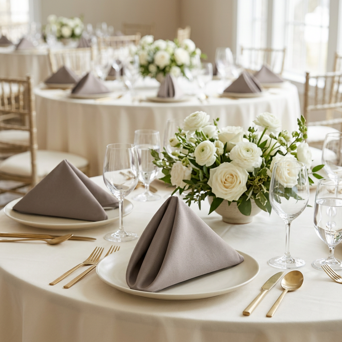 Taupe napkin at an indoor wedding reception
