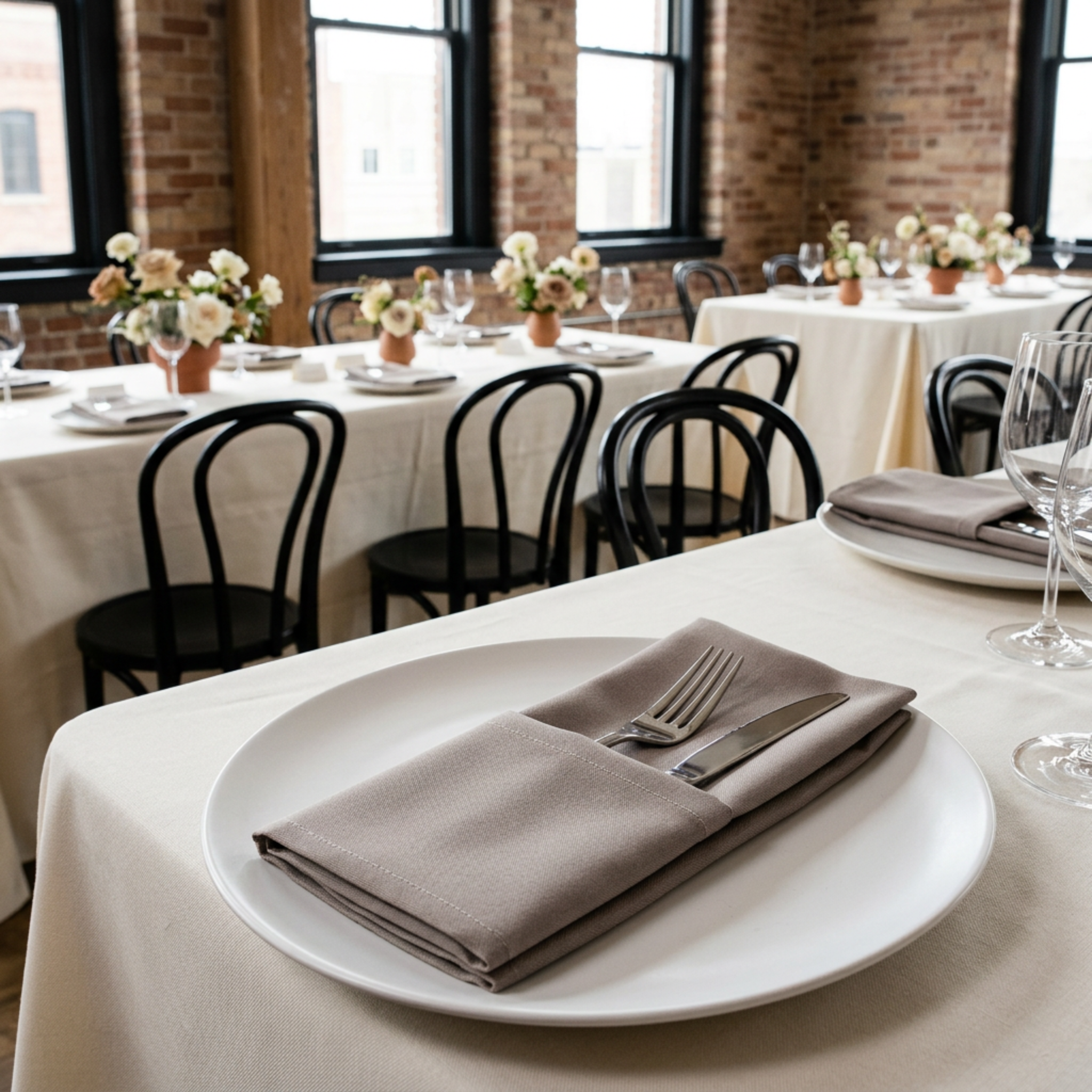 Taupe napkin pocket fold at a loft rehearsal dinner