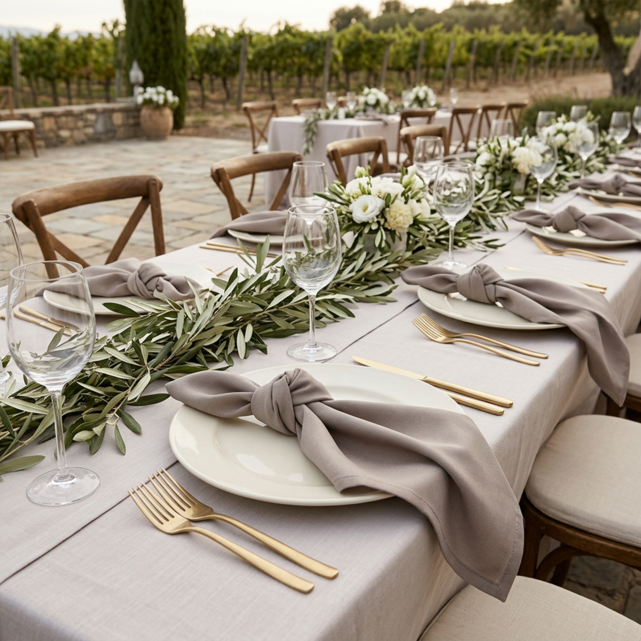 Taupe knotted napkin at a vineyard wedding