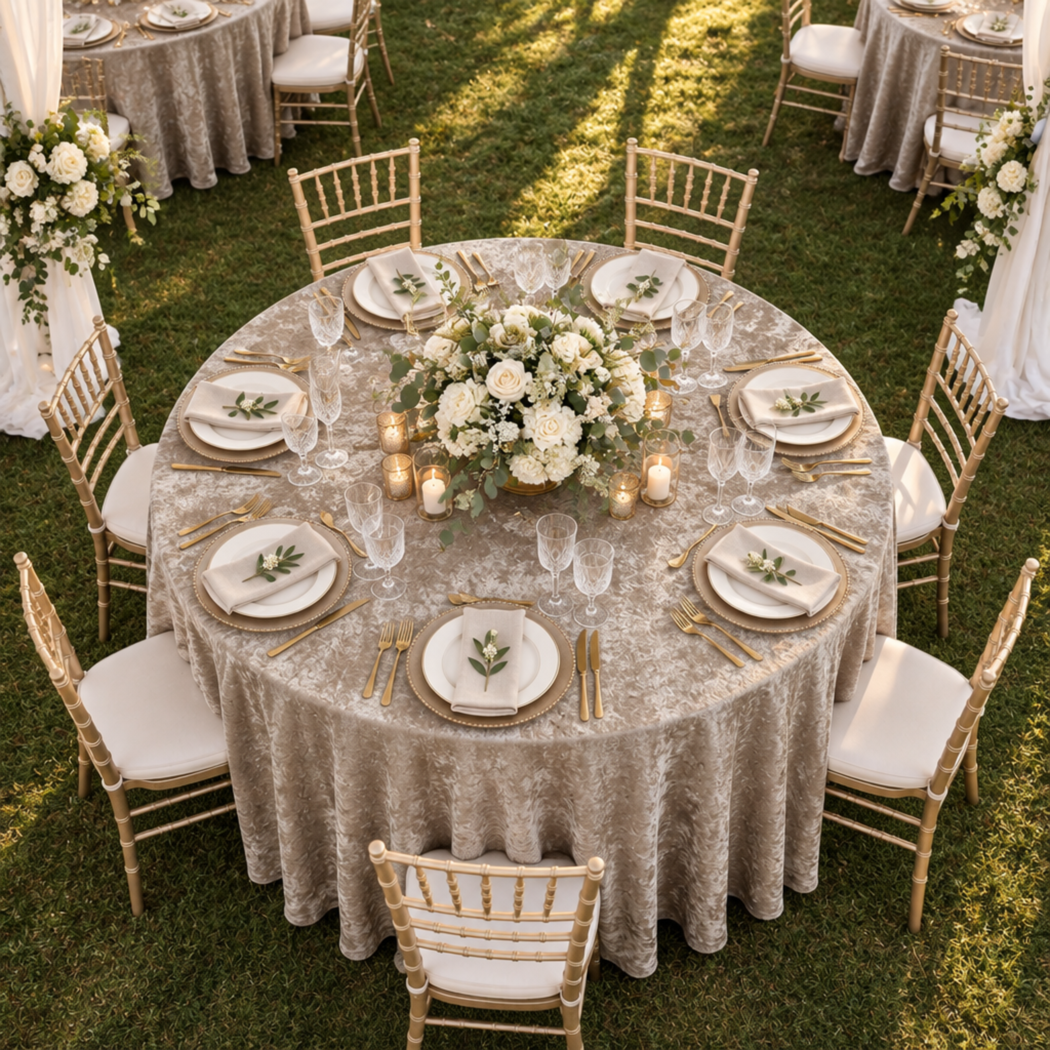 Taupe velvet tablecloth overhead garden wedding