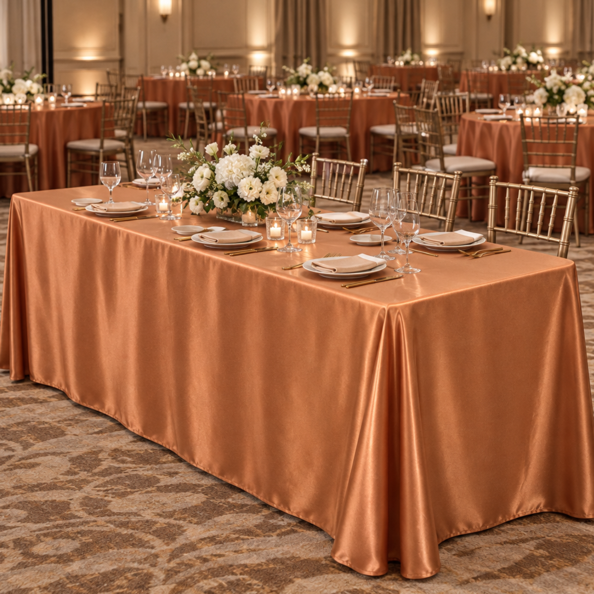 Terracotta satin tablecloth at a ballroom banquet