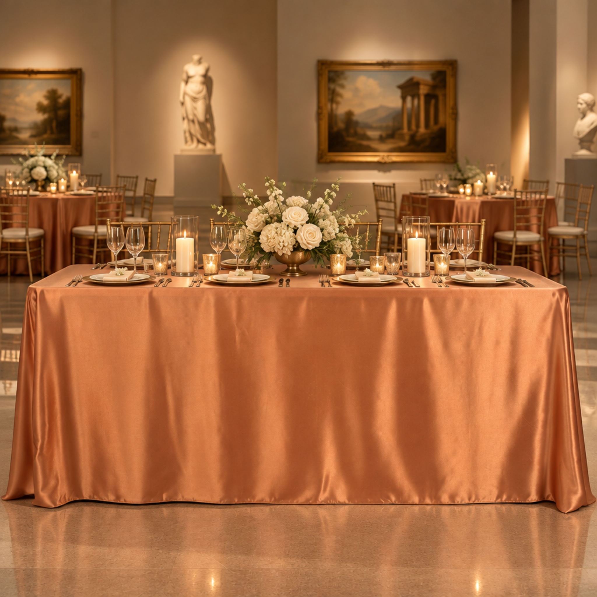 Terracotta satin tablecloth at a museum fundraiser