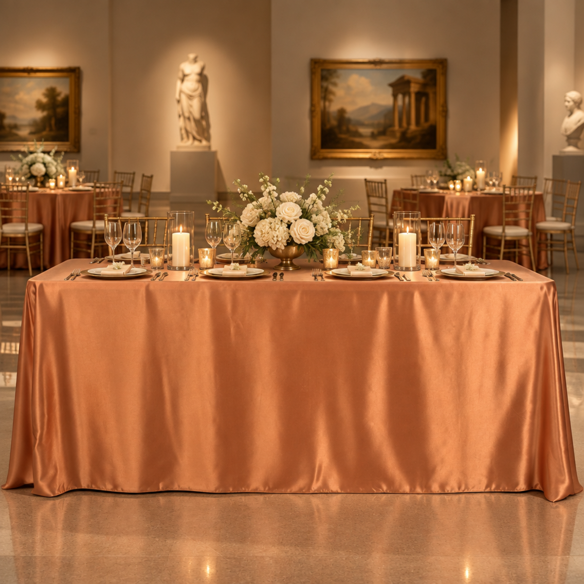 Terracotta satin tablecloth at a museum fundraiser