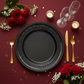 Top flat lay 2048x2048 – Black Lace Charger Plate on Burgundy
