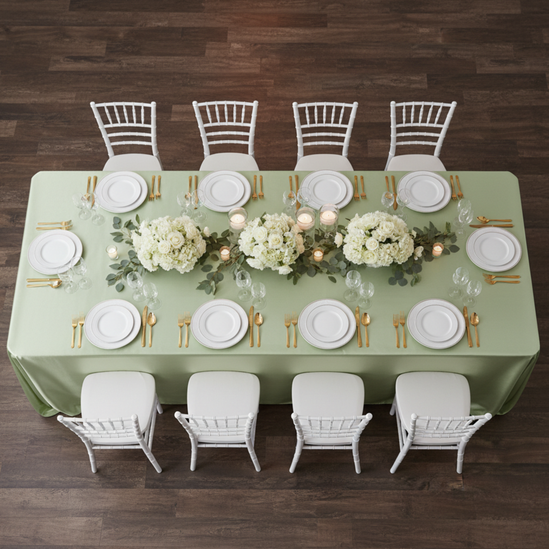 Top View 4 Chairs Each Side Retry - Sage Green Satin