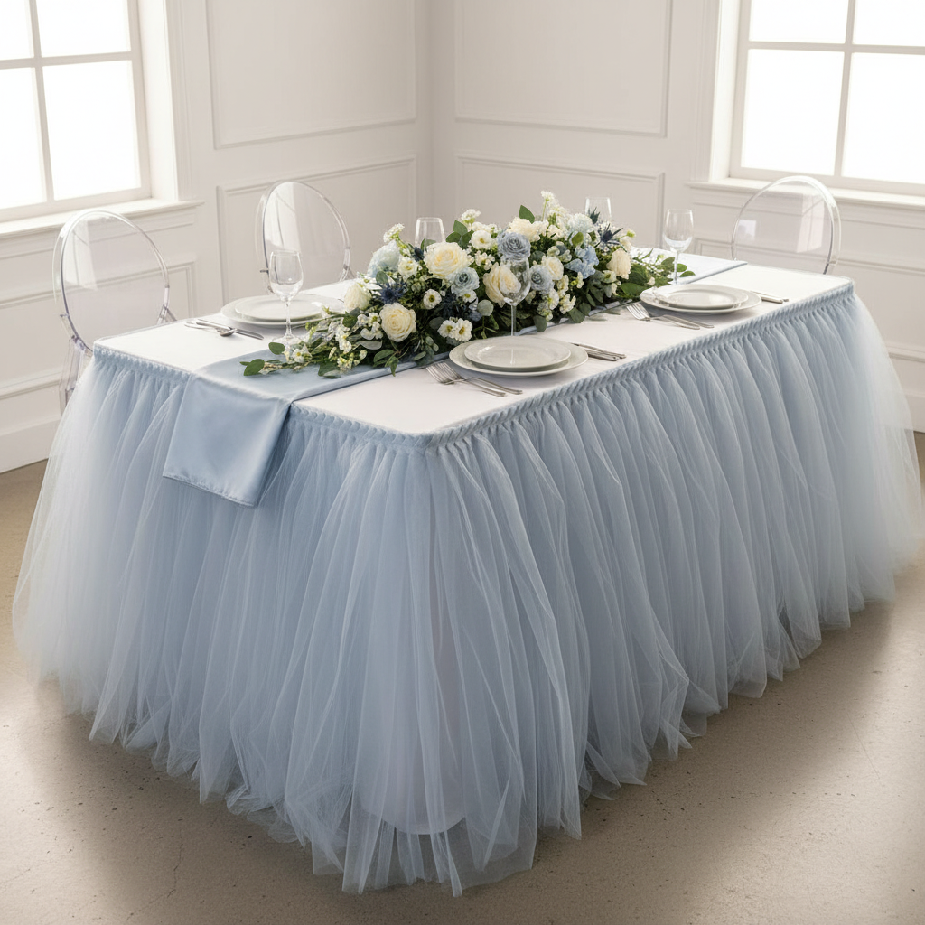 Tulle Tutu 14ft Table Skirt - Dusty Blue.