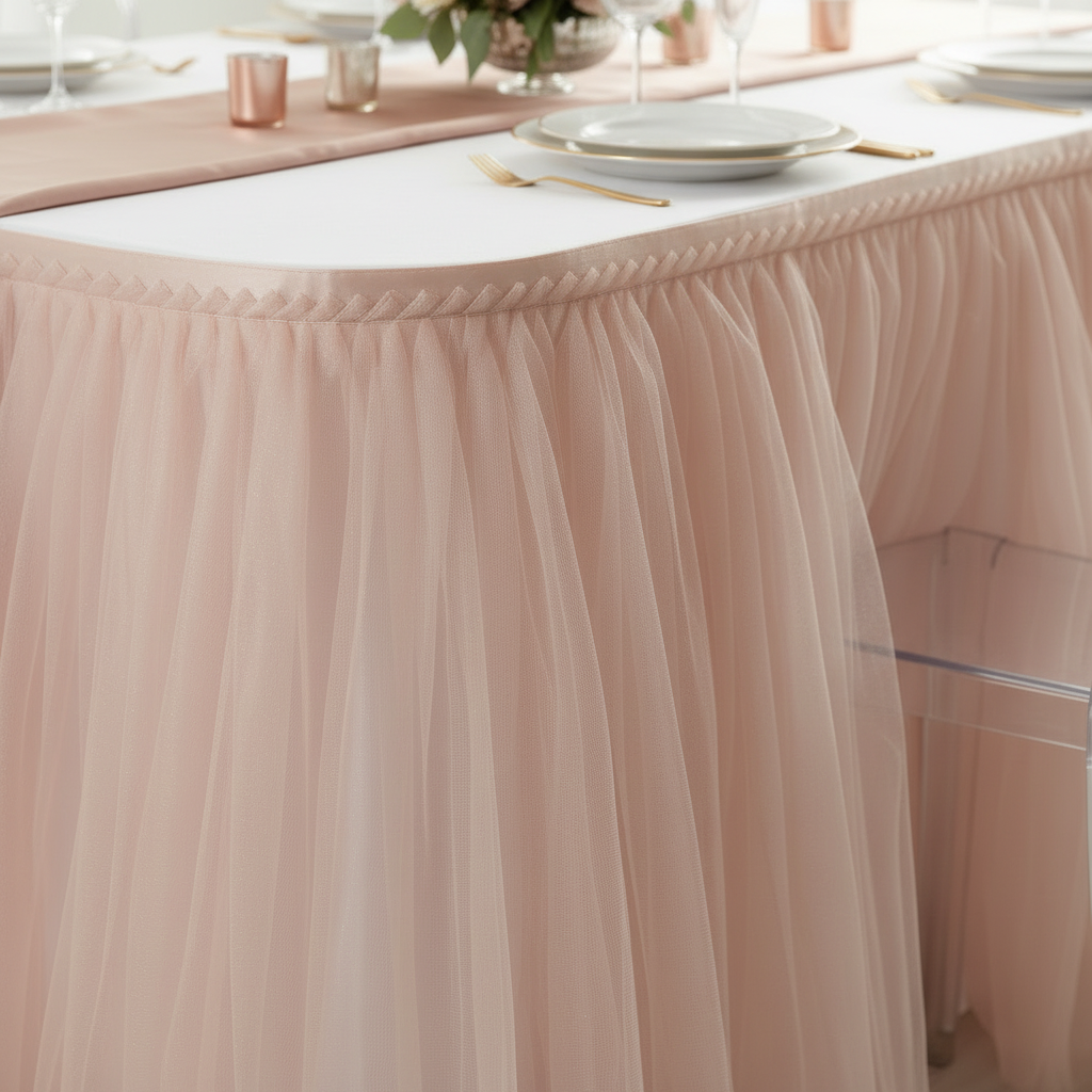 Tulle Tutu 17ft Table Skirt - Blush/Rose Gold.