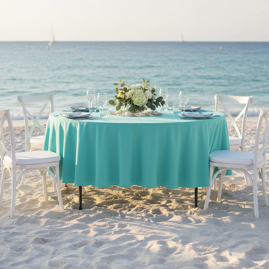 Turquoise round tablecloth as table topper with full table legs visible at beach wedding reception