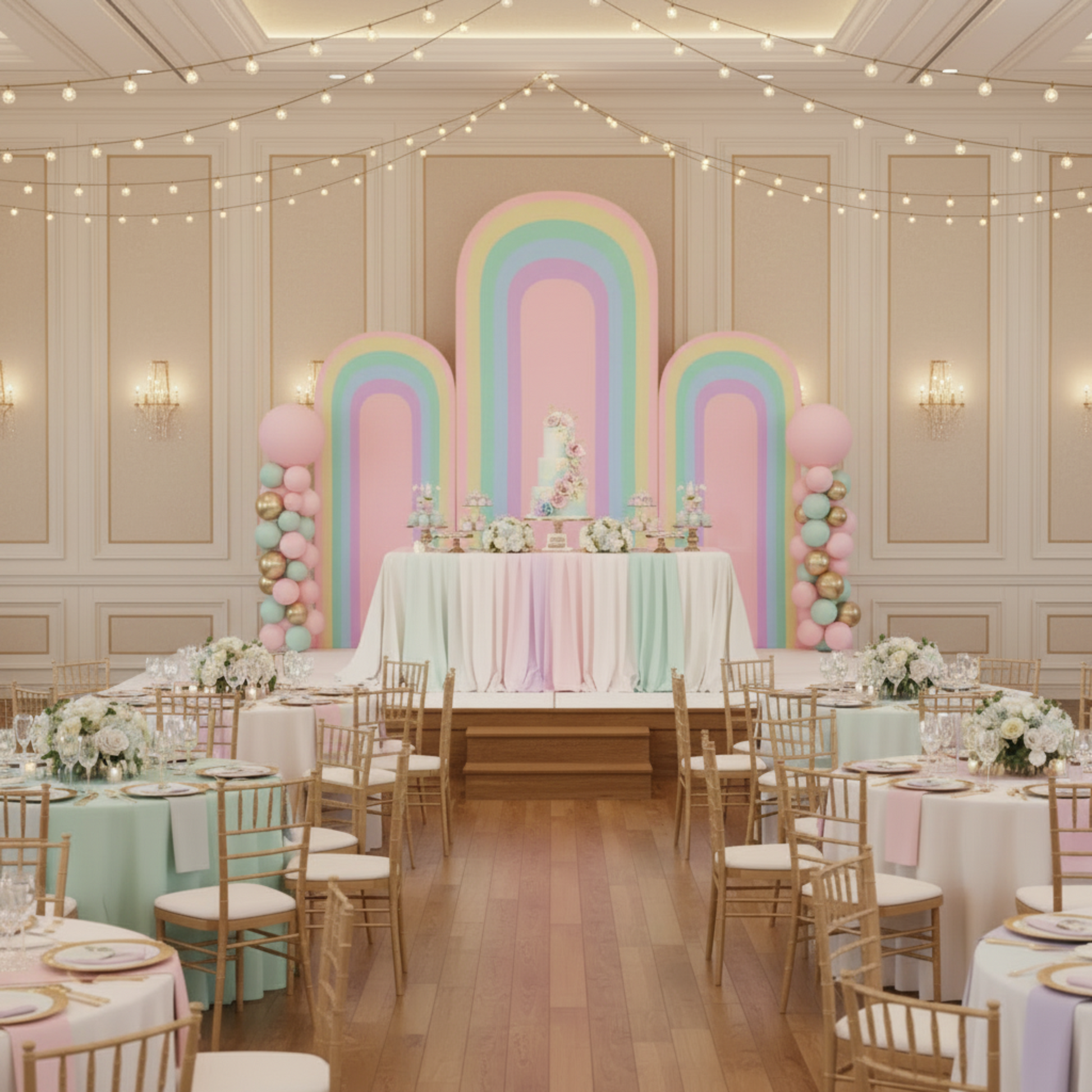 Upscale Indoor Birthday Banquet Revised - Pastel Rainbow Trio Arch