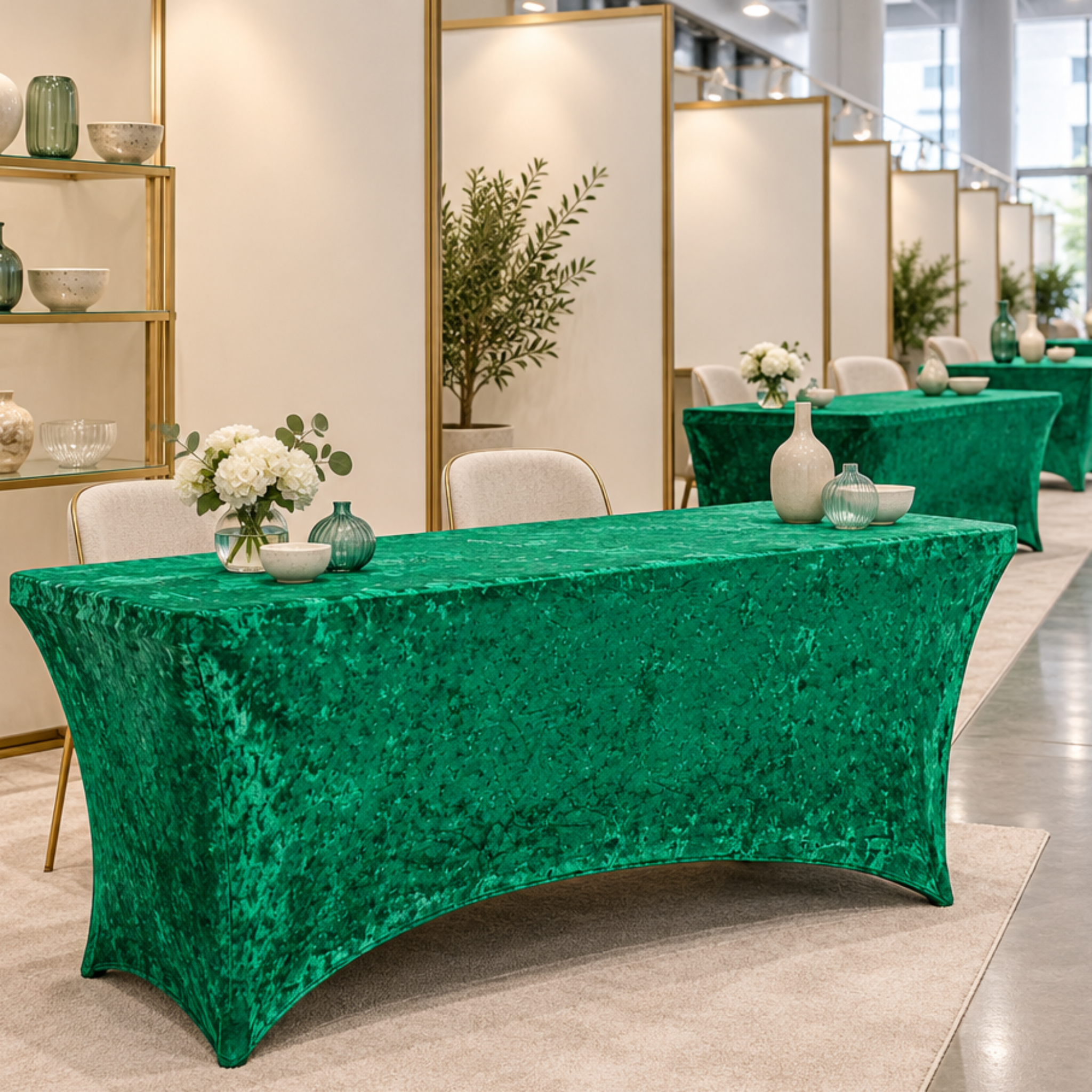 Upscale trade show with matching emerald-green vendor tables