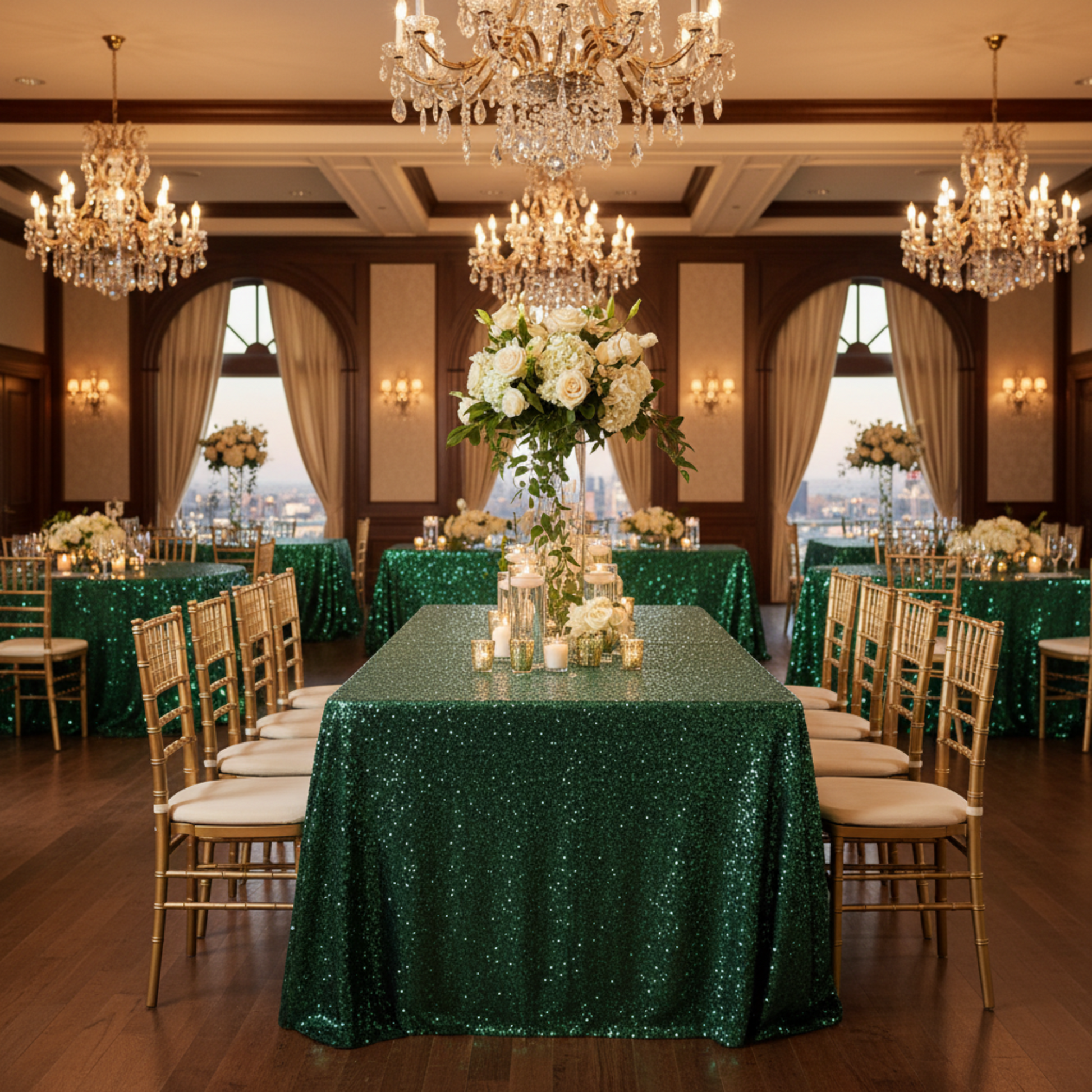 Upscale Wedding Ballroom Emerald Green Glitz Sequin 90" x 132" Rectangular Tablecloth 