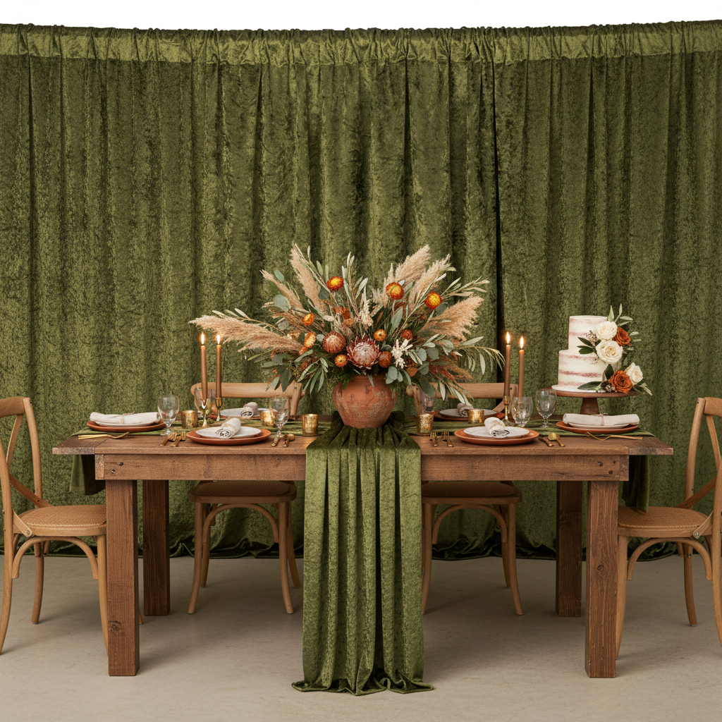 Velvet 10ft H x 52" W Drape/Backdrop Curtain Panel - Olive Green.