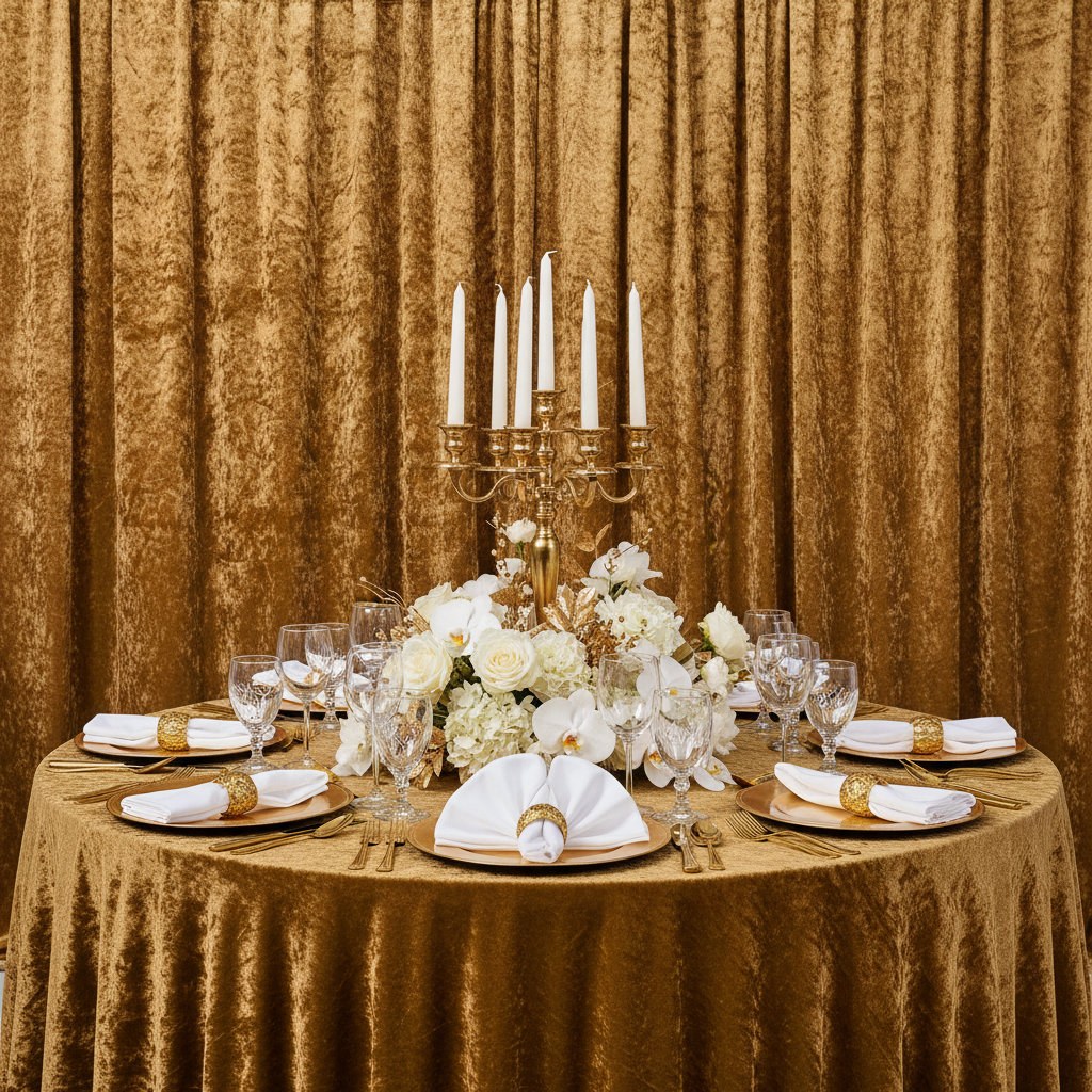 Velvet 10ft H x 52" W Drape/Backdrop Curtain Panel - Mustard Gold in Indoor Reception.