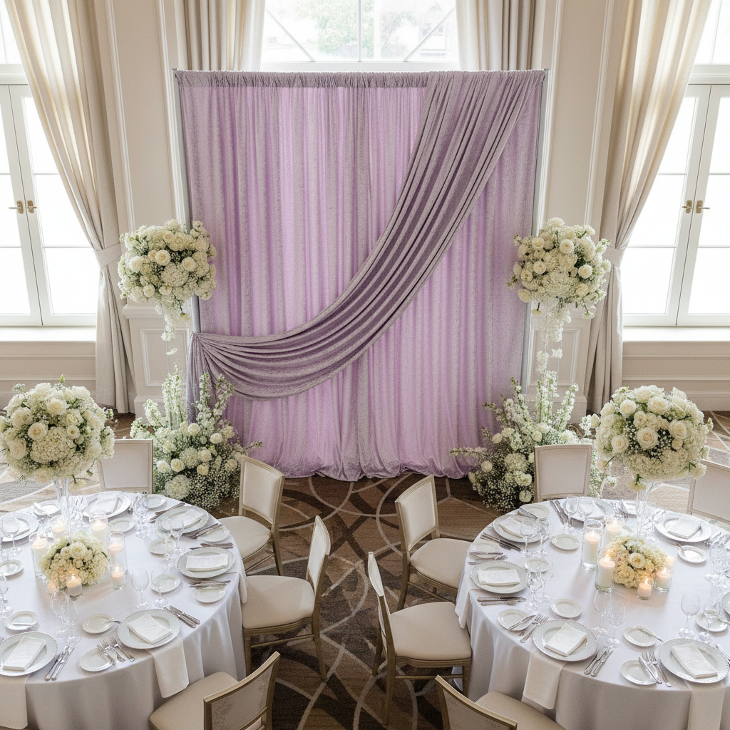 Velvet 10ft H x 52" W Drape/Backdrop Curtain Panel - Wisteria in Indoor Reception.