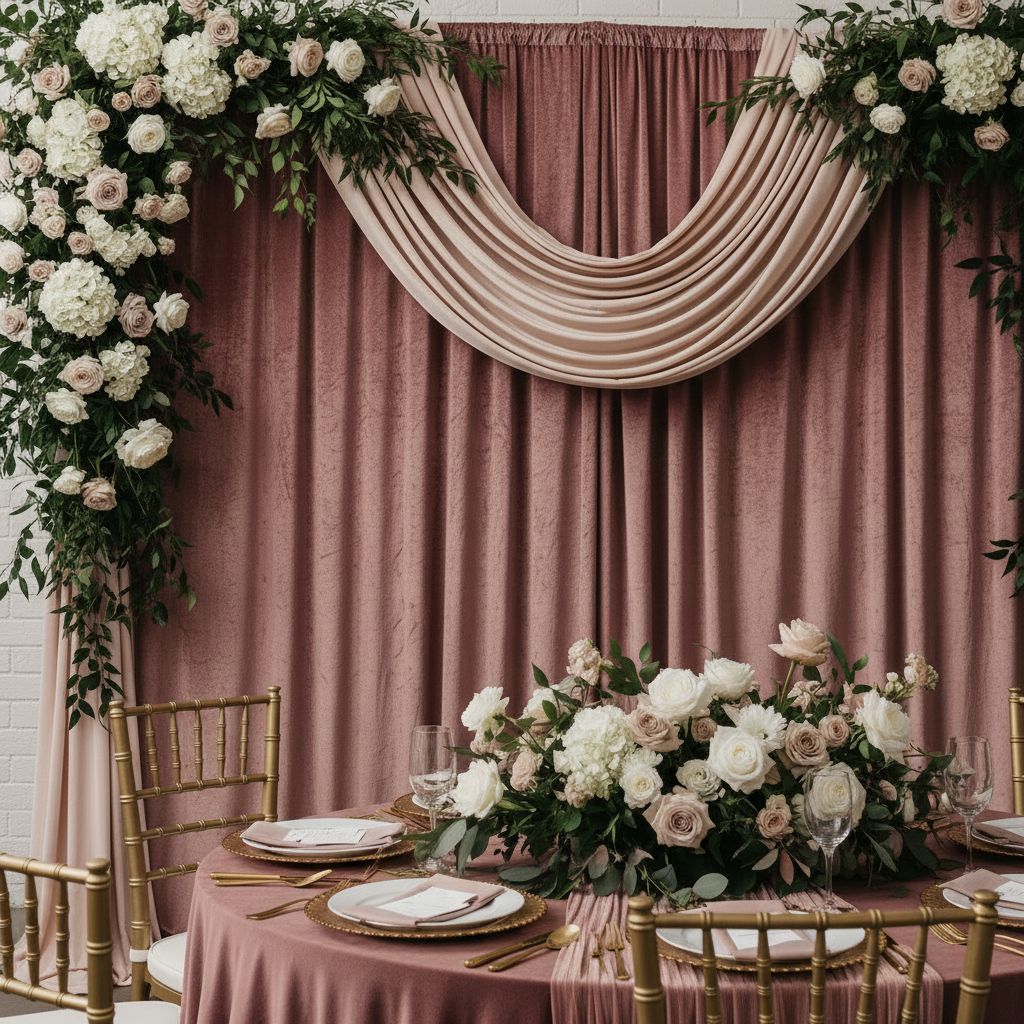 Velvet 10ft H x 52" W Drape/Backdrop Curtain Panel - Dark Dusty Rose/Mauve.