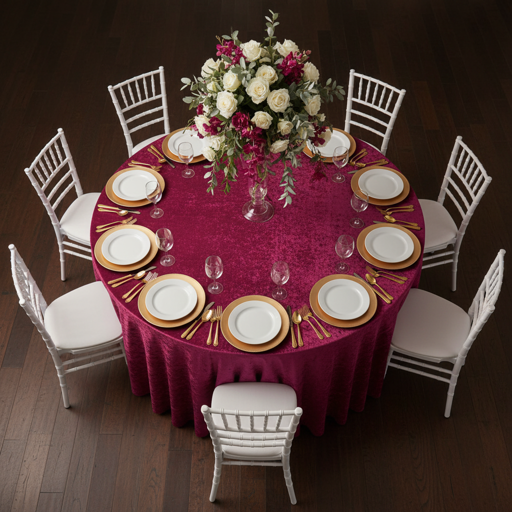 Velvet 120" Round Tablecloth - Magenta with Bird's Eye View Point.