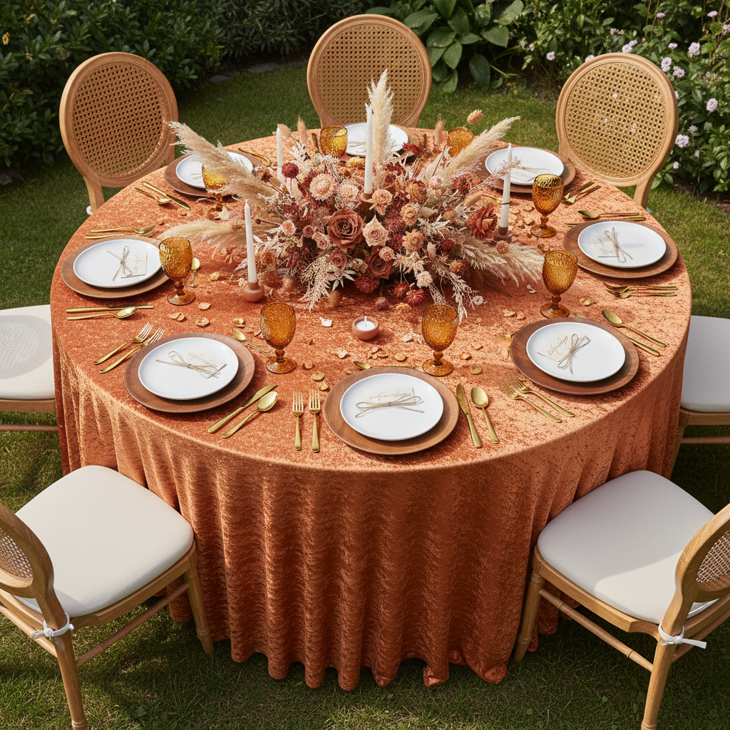 Velvet 120" Round Tablecloth - Rust with Bird's Eye View Point.
