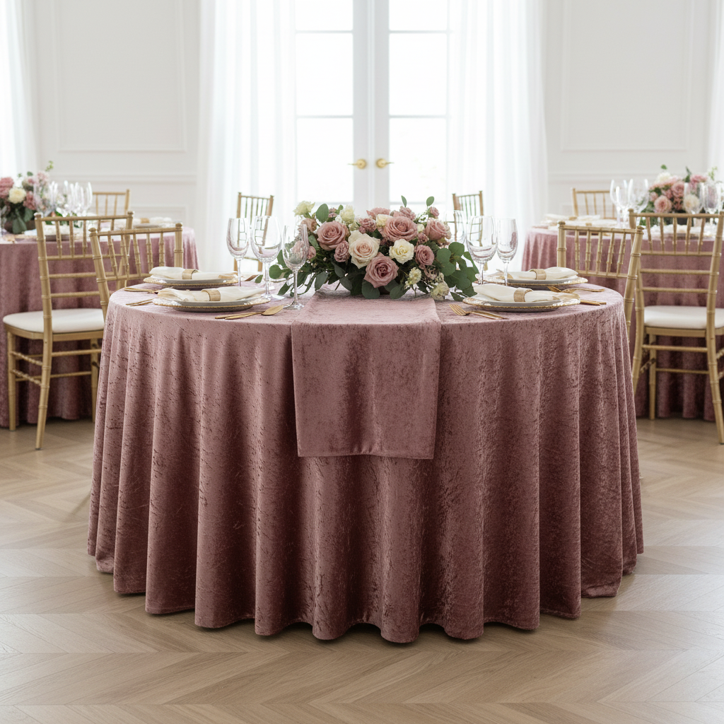 Velvet 120" Round Tablecloth - Dark Dusty Rose/Mauve.