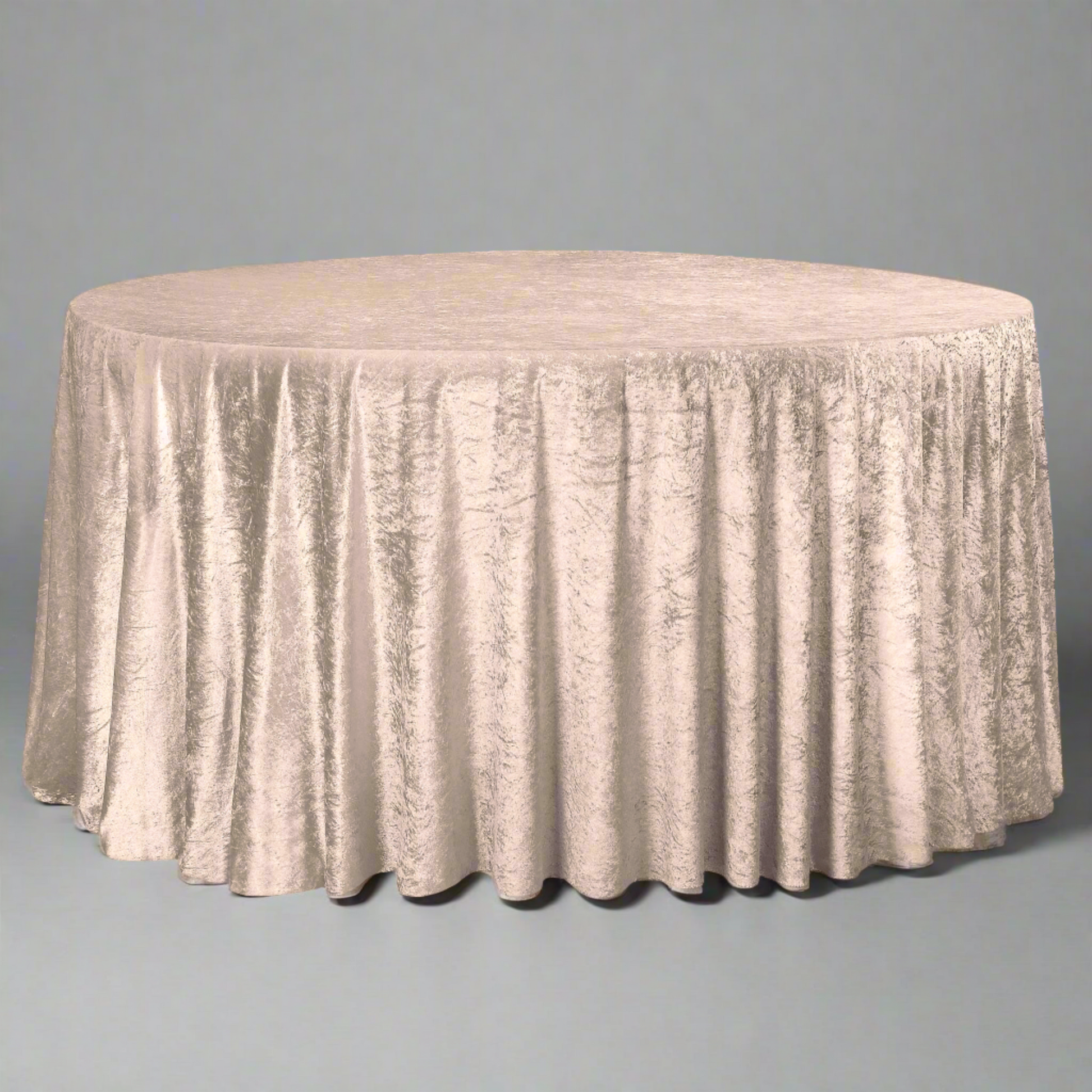 Velvet 132" round tablecloth beige against gray background