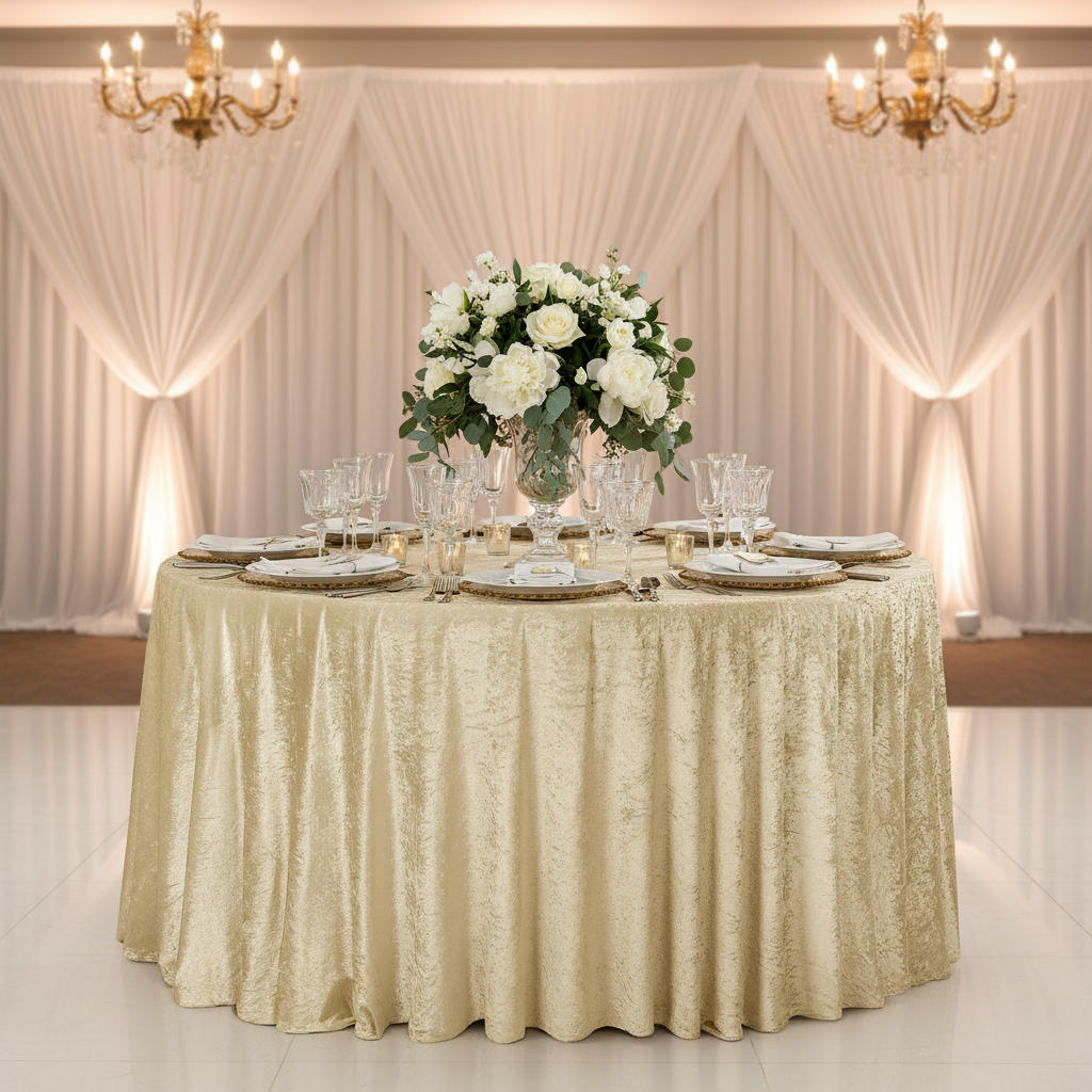 Velvet 132" Round Tablecloth - Champagne Front View