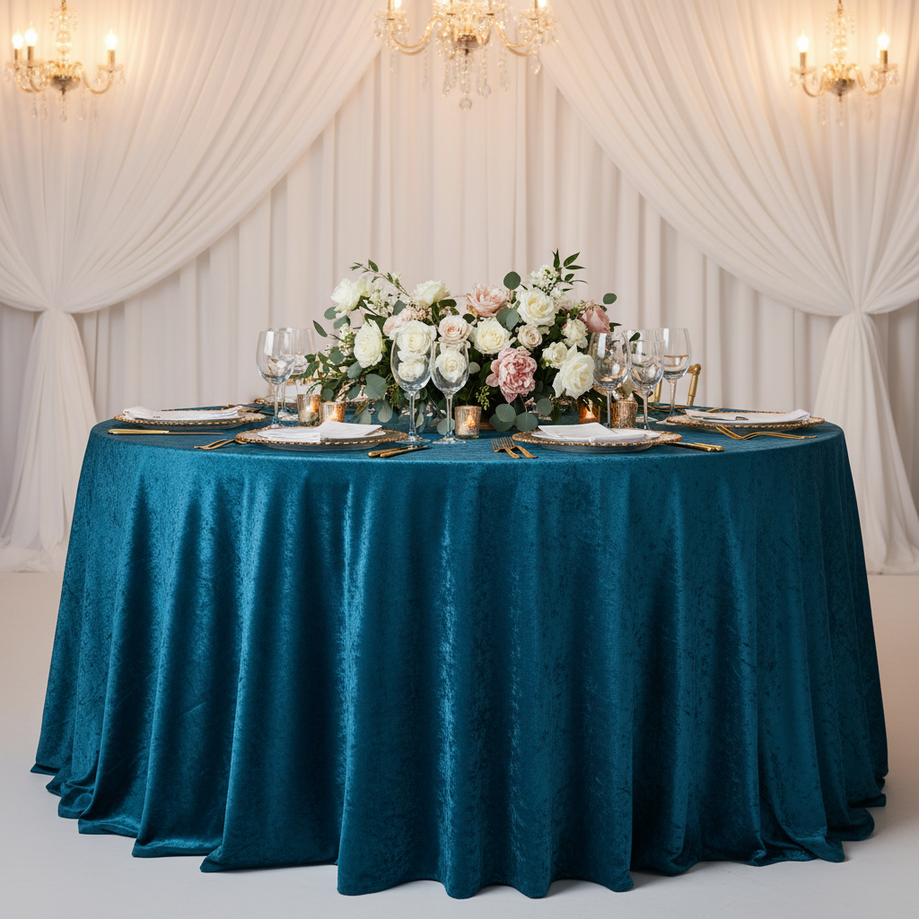 Velvet 132" Round Tablecloth - Dark Teal Front View