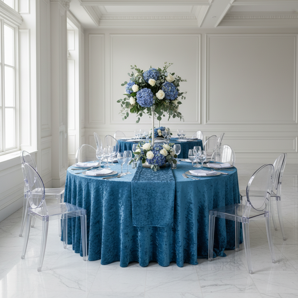 Velvet 132" Round Tablecloth - Steele Blue.