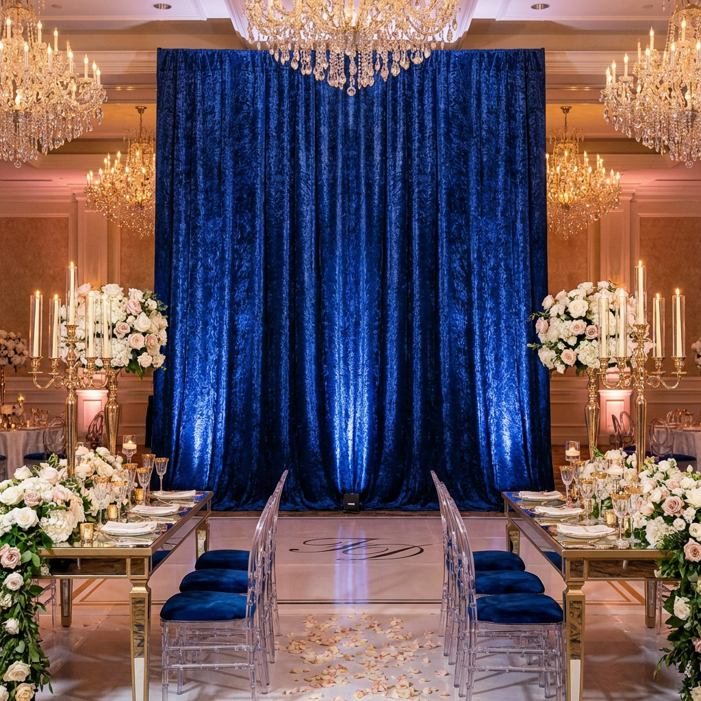 Navy blue velvet backdrop drape curtain panel 16ft x 52 inches styled in a beautiful event setting