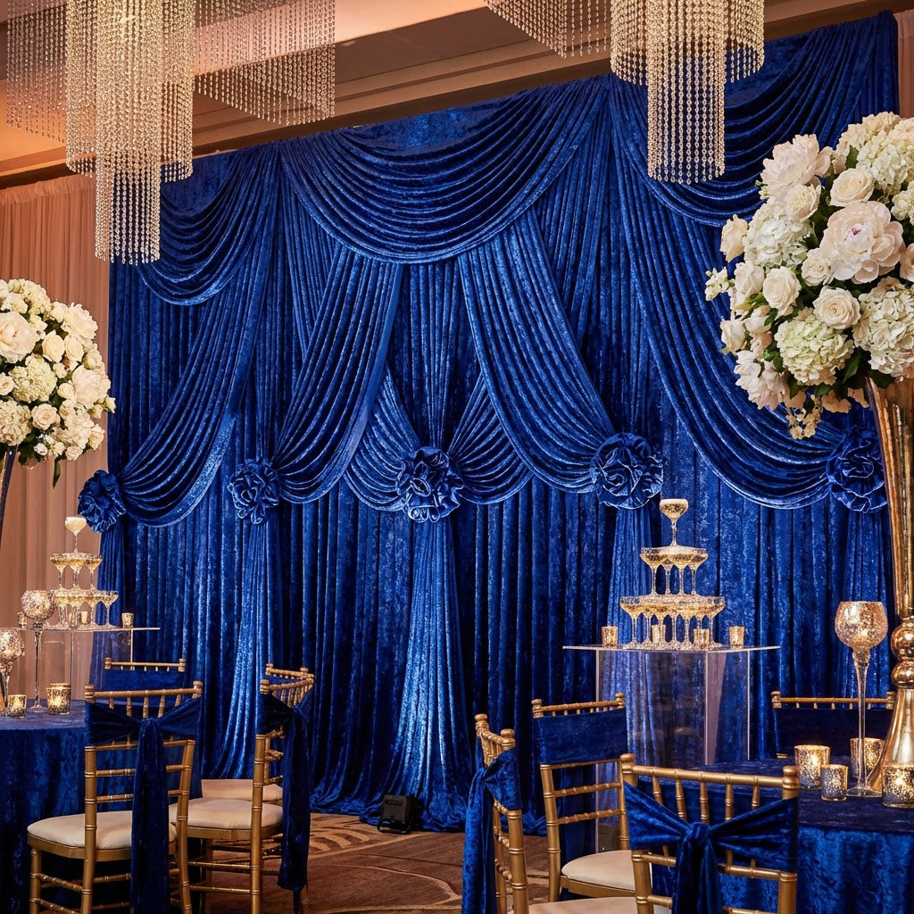 Navy blue velvet backdrop drape curtain panel 16ft x 52 inches styled in a beautiful event setting