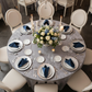 Velvet 20"x20" Linen Napkin - Navy Blue with Oval White Chairs.