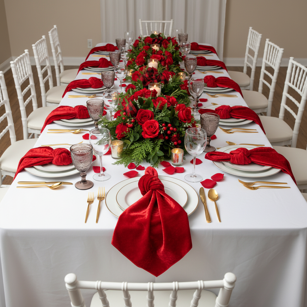 Velvet 20"x20" Linen Napkin - Red with White Chiavari Chairs.