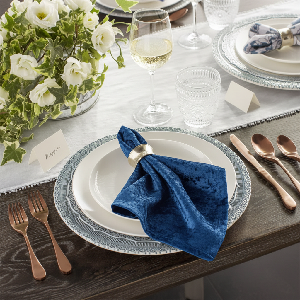 Velvet 20"x20" Linen Napkin - Royal Blue with Charger Plates.