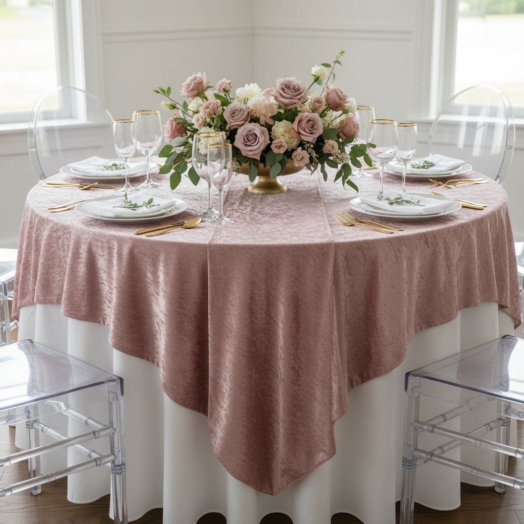 Velvet 85"x85" Square Tablecloth Table Overlay - Dusty Rose/Mauve.
