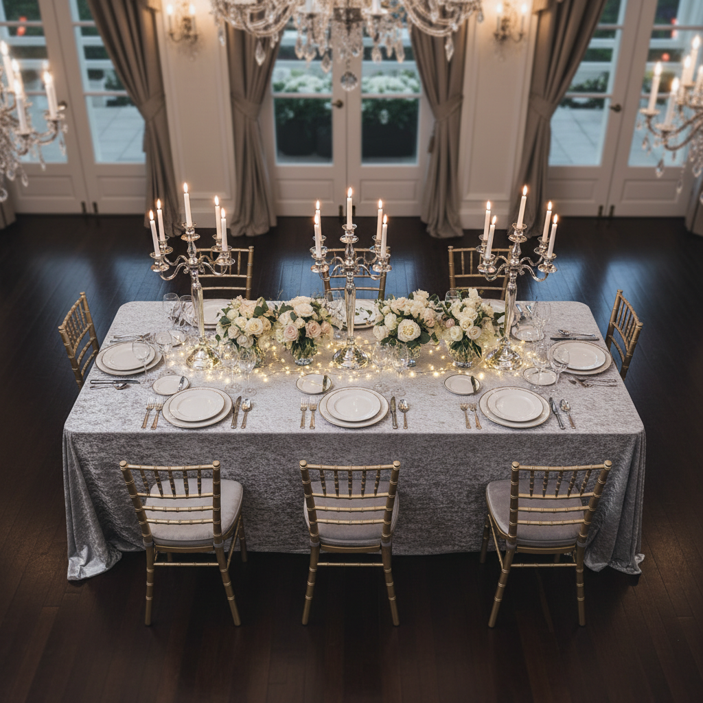 Velvet 90"x132" Rectangular Tablecloth - Silver in Indoor Reception.