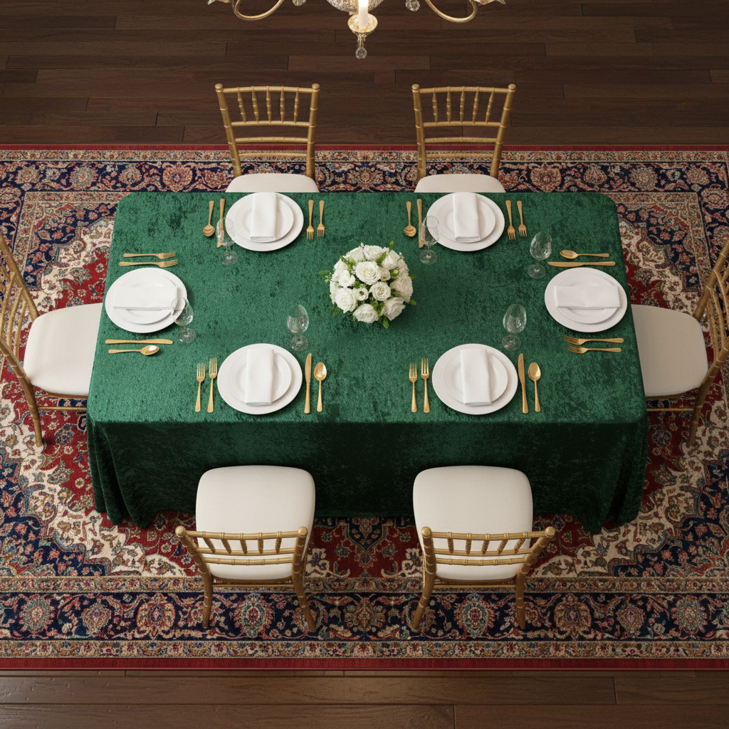 Velvet 90"x132" Rectangular Tablecloth - Emerald Green with Chiavari Chairs in Bird's Eye View.