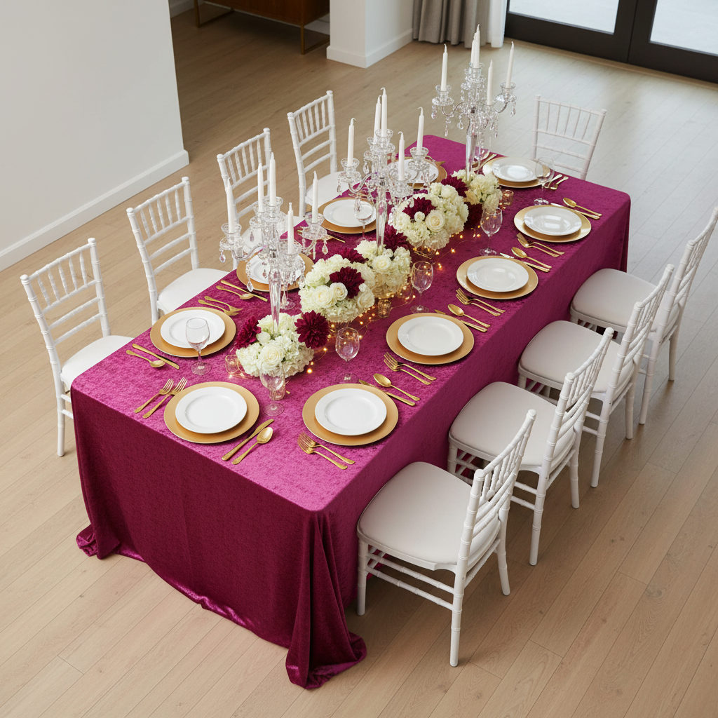 Velvet 90"x132" Rectangular Tablecloth - Magenta with White Chiavari Chairs.