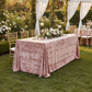 Velvet 90"x156" Rectangular Tablecloth - Dusty Rose/Mauve with Chavari Gold Chairs.