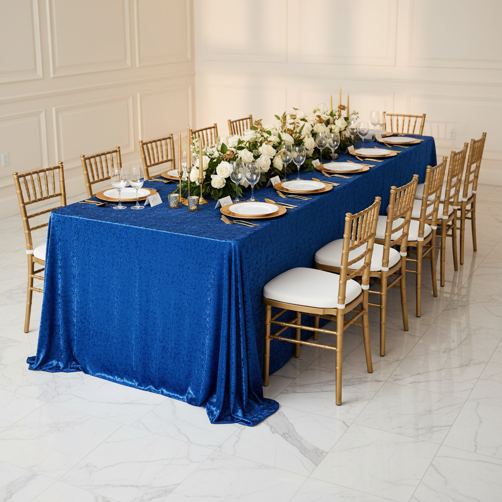 Velvet 90"x156" Rectangular Tablecloth - Royal Blue with Chiavari Gold Chairs.